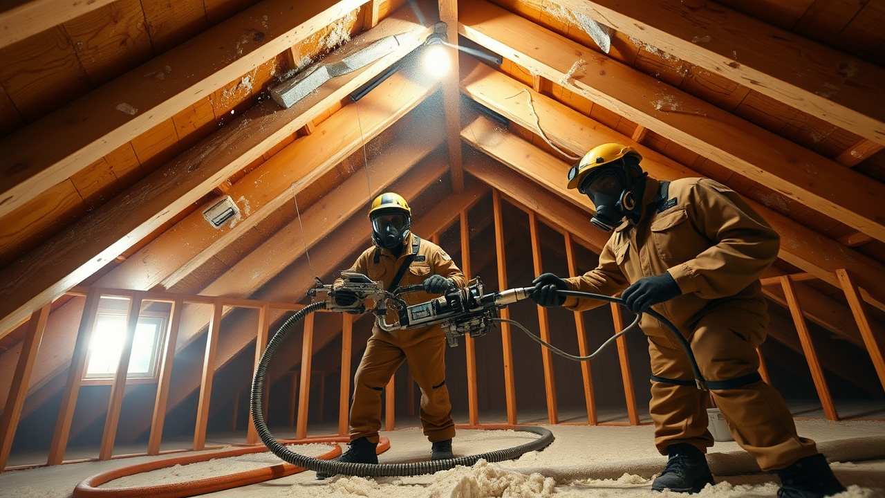 Spray foam subcontractor crew applying polyurethane foam insulation with a plural-component rig